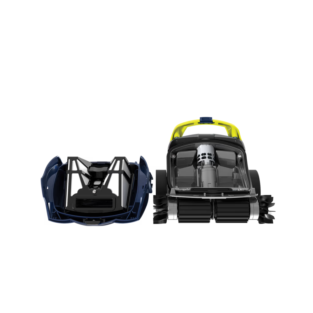 Studio product view of the Zodiac SPABOT™ SB1000 robotic spa cleaner disassembled on an isolated white background, showing the main chassis with yellow handle and internal motor alongside the detached dark blue top cover housing the filter canister.