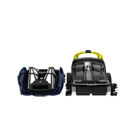 Studio product view of the Zodiac SPABOT™ SB1000 robotic spa cleaner disassembled on an isolated white background, showing the main chassis with yellow handle and internal motor alongside the detached dark blue top cover housing the filter canister.