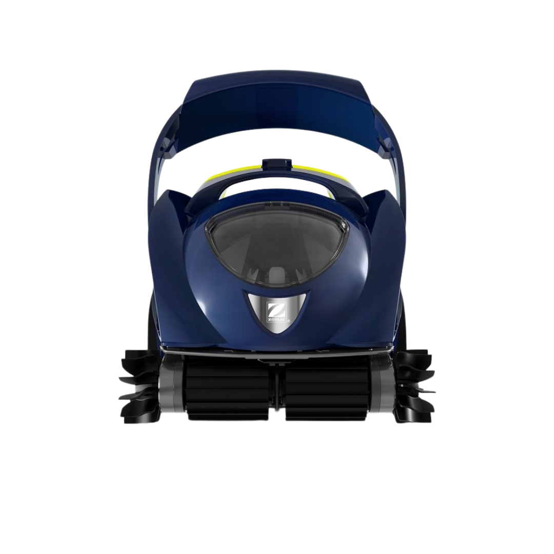 Straight-on front elevation studio view of the Zodiac SPABOT™ SB1000 robotic spa cleaner on an isolated white background, showcasing its front scrubbing brush, dark blue body shell, central Zodiac logo badge, translucent canopy window, and large upright carrying handle.