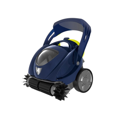 Studio product view of the Zodiac SPABOT™ SB1000 robotic spa cleaner on an isolated white background, featuring a dark blue body, translucent canopy window, large ergonomic carrying handle, front scrubbing brushes, bright yellow accents, and grey side wheels.