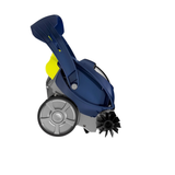 Side elevation studio product view of the Zodiac SPABOT™ SB1000 robotic spa cleaner on an isolated white background, detailing its large grey side wheel, dark blue body casing, yellow rear accent panel, front scrubbing brush assembly, and prominent dark blue carrying handle.