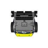 Underside studio view of the Zodiac SPABOT™ SB1000 robotic spa cleaner on an isolated white background, detailing its bottom grey chassis, suction inlet opening, front scrubbing brushes with side impellers, drive wheels, and yellow rear panel accents.